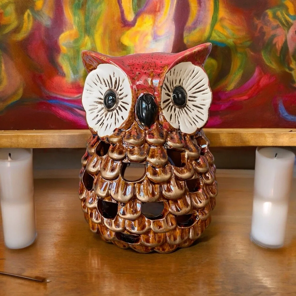 Vintage Ceramic Owl Votive Candle Holder Lantern Brown Drip Glaze MCM